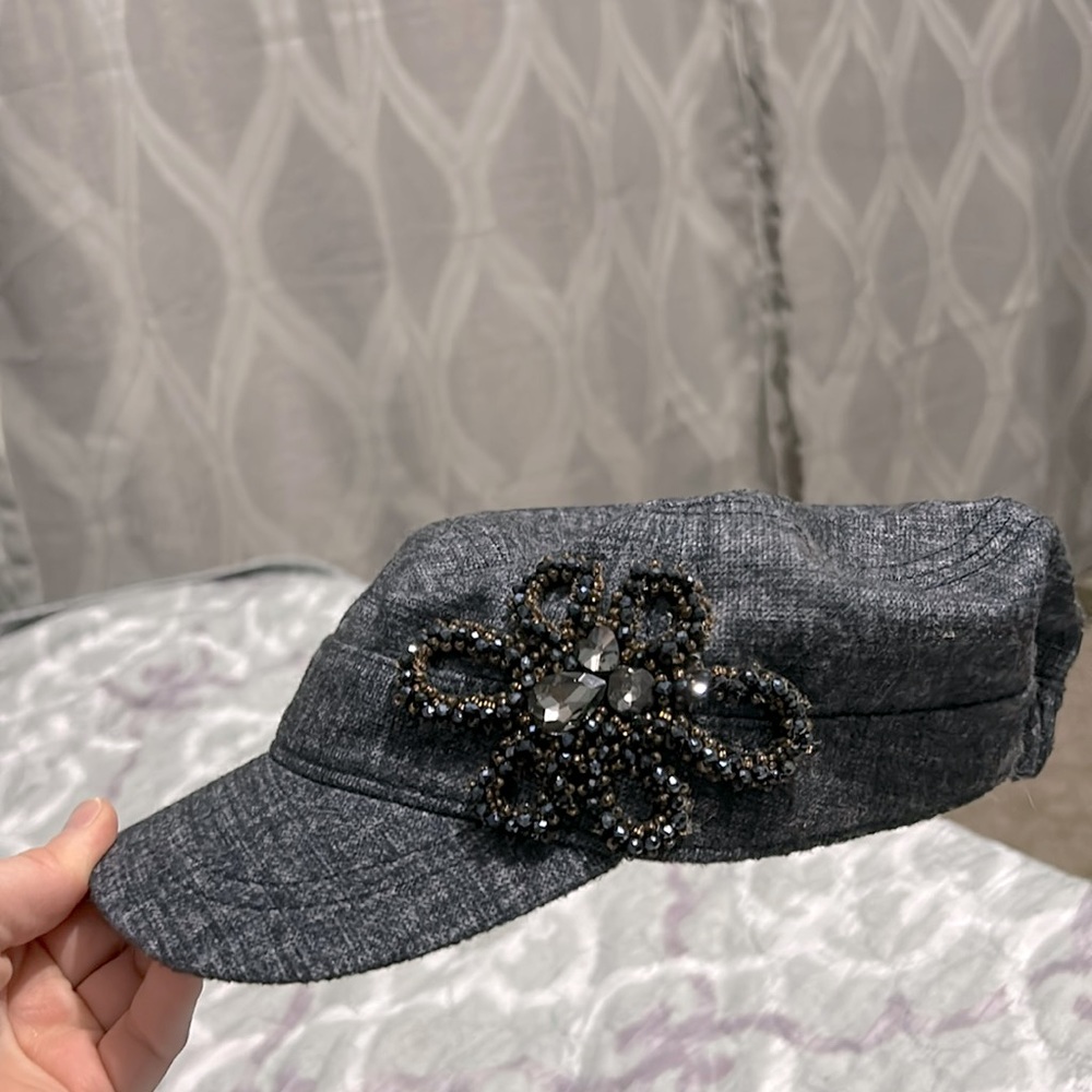 Blue navy hat with sparkly flower on side